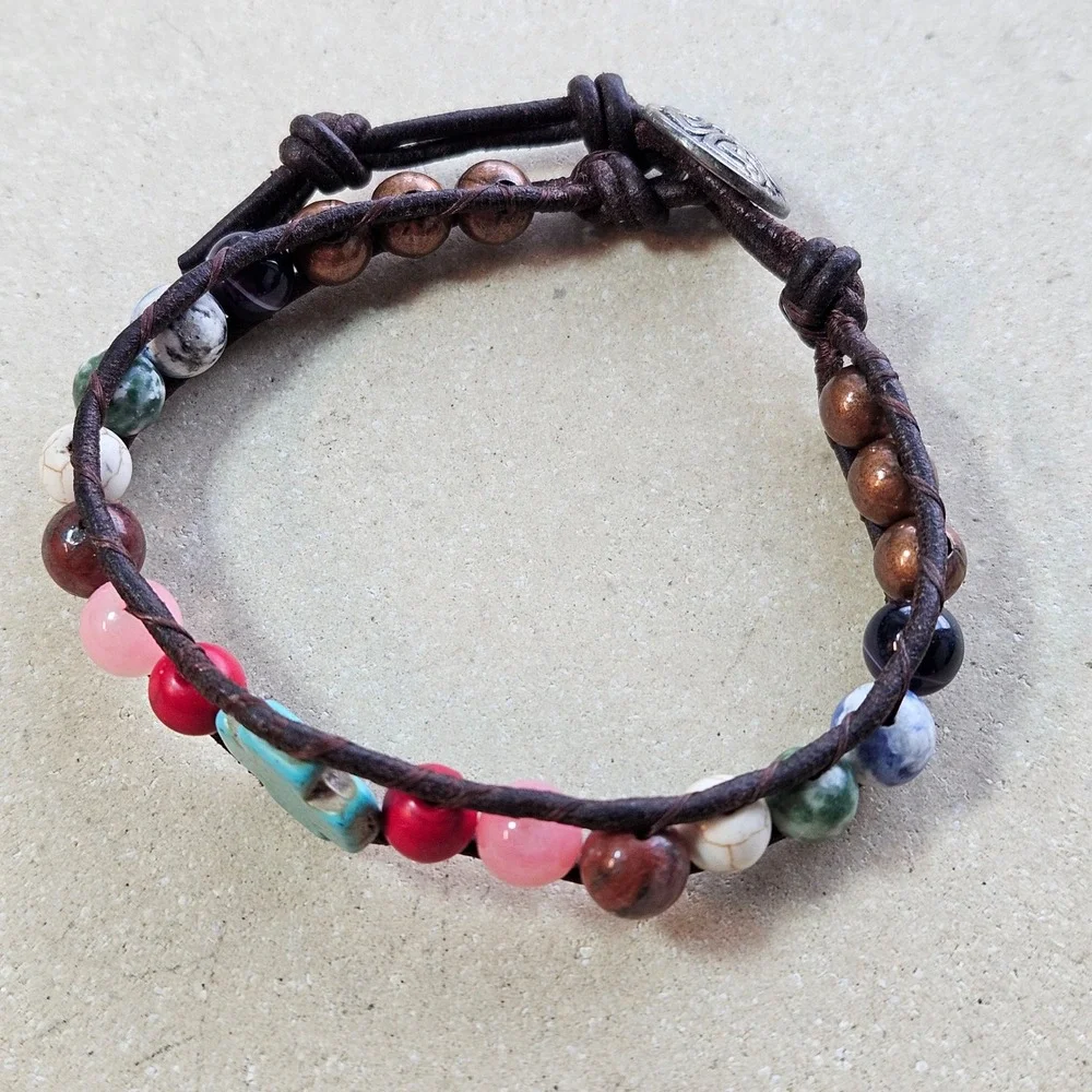 Boho Leather Wrap Bracelet Turquoise Cross Natural Stone‎ Celtic Knot Button
